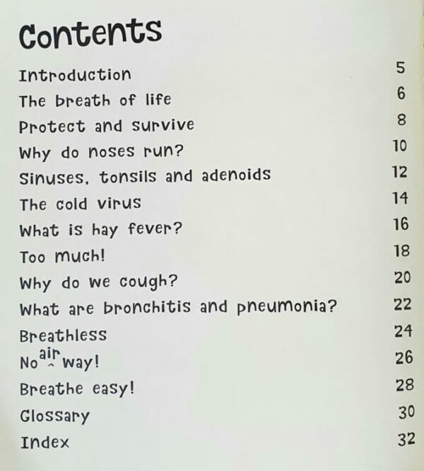 The Science of Snot and Phlegm: The Slimy Truth about Breathing (Hardcover) Contents Page