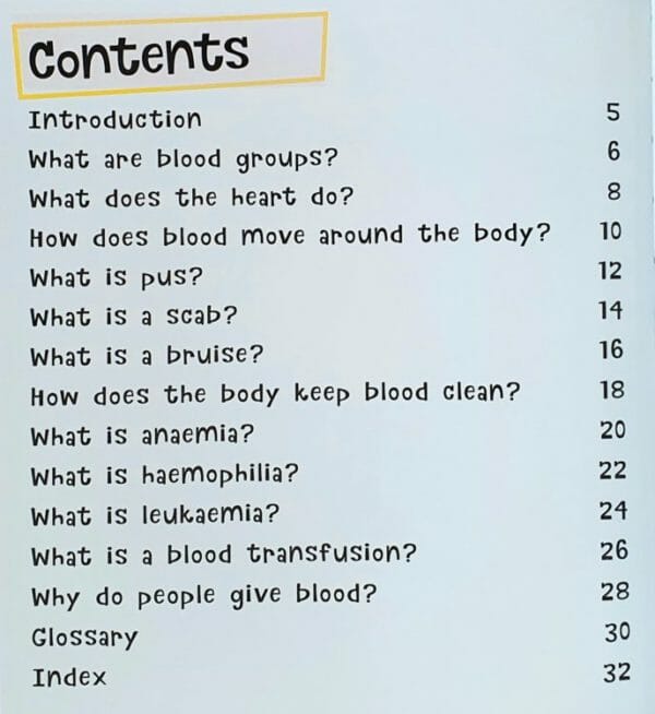 The Science of Scab and Puss: The Sticky Truth about Blood (Hardcover) Contents Page