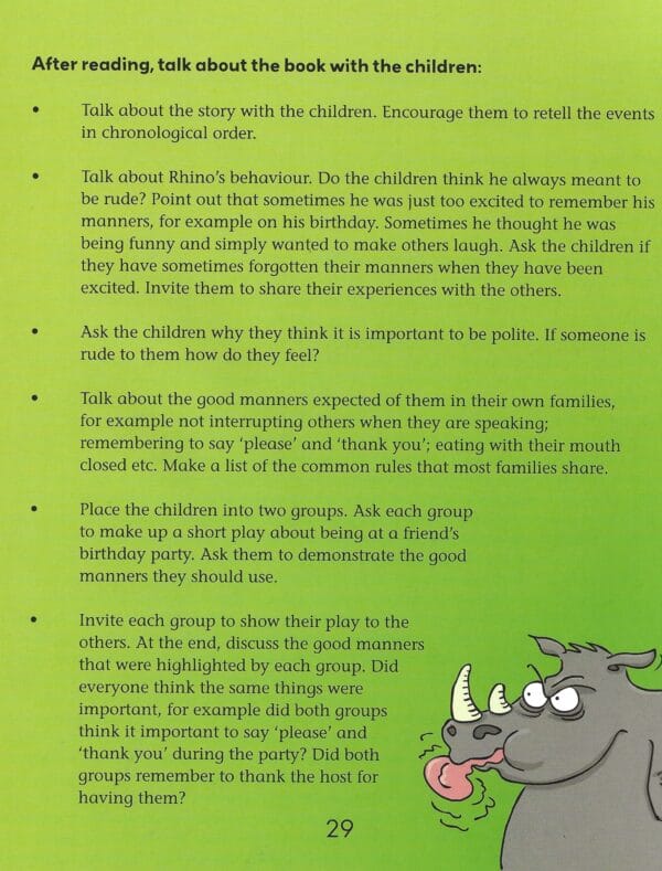 Rhino Learns to be Polite - A Book About Good Manners (Behaviour Matters) -Notes for Parents and Teachers